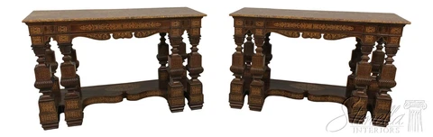 58806EC/07EC: Pair Antique Charles X Finely Inlaid Marble Top Console Tables Cover