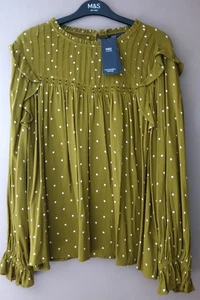 LADIES M&S LONG SLEEVE SPOTTED BLOUSE TOP SIZE 22 OCHRE - NEW - Picture 1 of 3