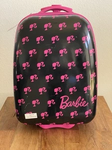 BARBIE ROLLING LUGGAGE SUITCASE 18” X 12” HARD SHELL PINK BLACK CARRY ON KIDS - Picture 1 of 6