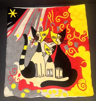 CATS Throw Pillow Cover Crewel Embroidered  Cubist Style 16 X 16" Abstract - Image 1 of 4