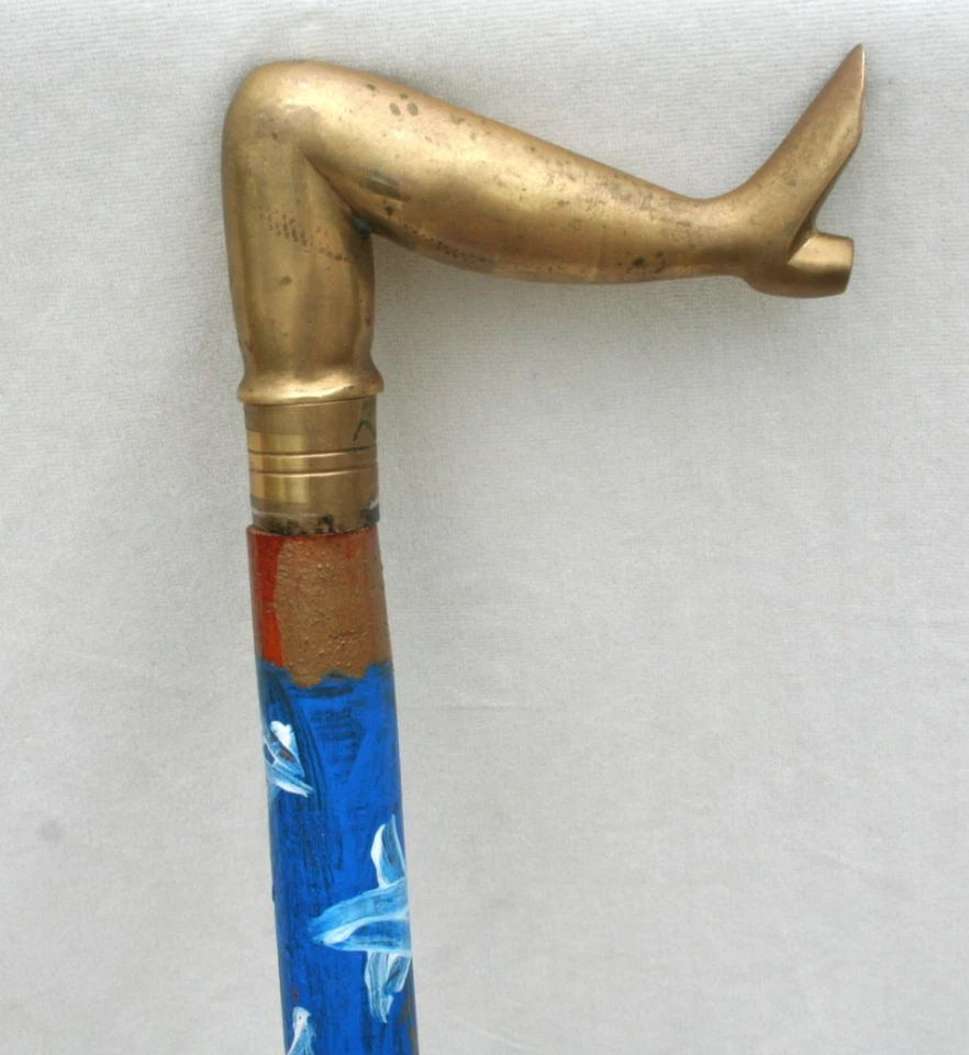 复古黄铜腿手杖 Jr Charlie 快速绘画 OUTSIDER FOLK 艺术行走棒帆船 — 第 1/4 张图片