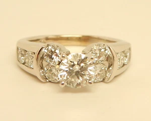 GSI CERT. LEO ROUND DIAMOND .70 ct (SI2,H) Center & 1.69 ctw Ring 14K Gold/Plat. - Picture 1 of 17