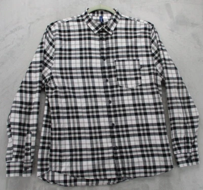 Divided by H&M Button Up Flannel Shirt Men's L Black White Gray Plaid Cotton - Image 1 of 4