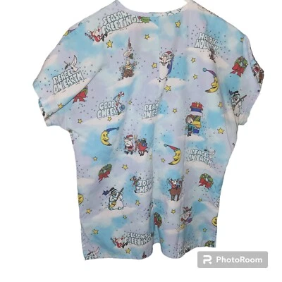 Women’s Christmas Scrub Top S -JOY TO THE WORLD PEACE ON EARTH SEASONS GREETINGS - Image 1 of 4