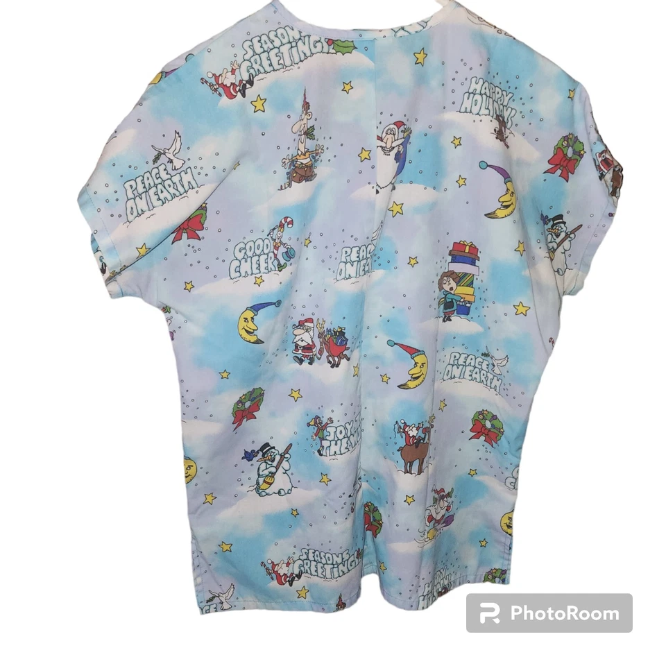 Women’s Christmas Scrub Top S -JOY TO THE WORLD PEACE ON EARTH SEASONS GREETINGS - Image 1 of 4