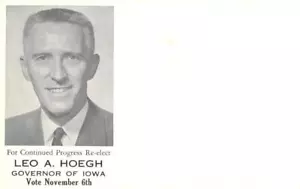Postal de colección reelegida Leo A. Hoegh gobernador de Iowa política década de 1950 - Imagen 1 de 2