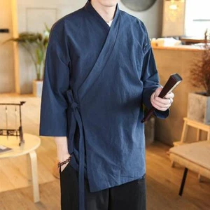 Hombres Abrigo Kimono Japonés Prendas para el torso Vintage Chino Lino Algodón Cárdigan Camisas Sueltas - Imagen 1 de 22