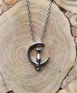Silver Plated Cat Sits on Moon Pendant Necklace Women Girl Jewellery Gift UK - Picture 1 of 6