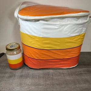 VTG 1960’s Insulated Ice Chest Cooler Bag Yellow Orange White Stripes W Jar Cup - Picture 1 of 10