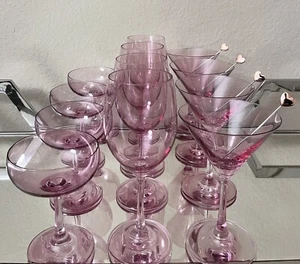 4 SETS NWT VENETO CRYSTAL PINK WINE,COUPE,MARTINI GLASSES/COCKTAIL PICKS BUNDLE - Picture 1 of 18
