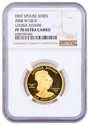 2008-W $10 1/2oz Gold Louisa Adams First Spouse NGC PF70 UC Brown Label Cover