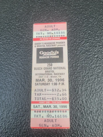 1996 Bristol International Speedway Goody's 200 Ticket Mark Martin Win Cover