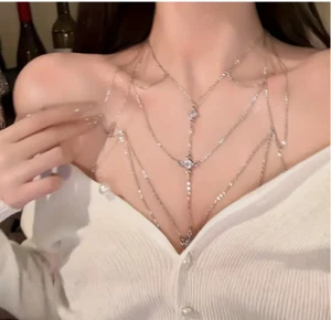 Sexy Crystal Rhinestone Body Chain Necklace Bikini Lingerie Bra Layering Harness - Picture 1 of 11