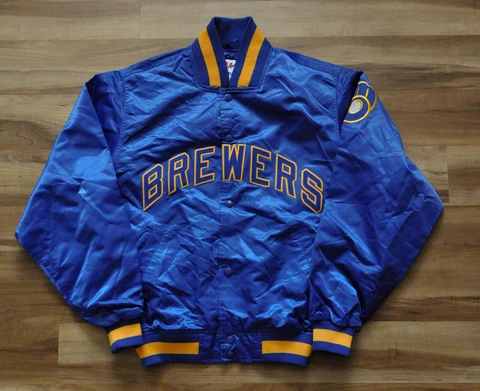 MILWAUKEE BREWERS MAJESTIC STARTER STYLE JACKET SATIN LIGHT WEIGHT MEN BLUE M Cover