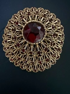 Vintage signierte Capri Brosche rot Kristall Strass goldfarben 2 1/2" - Bild 1 von 14