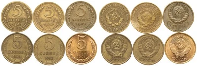 Soviet Union - 5 Kopecks 1930 (x2), 1940, 1961, 1962, 1991 - Image 1 of 3