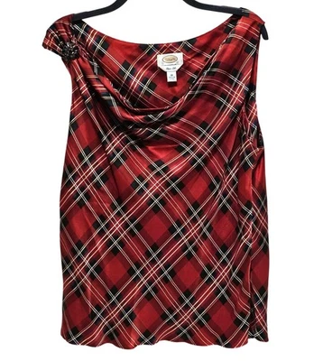 Blusa Talbots Talla 18 Rojo Tartán Cuadros Pura Seda Sin Mangas Capucha Cuello Foto 1 de 4