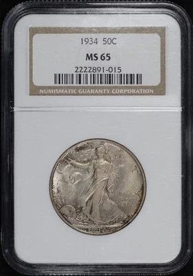 Medio dólar Walking Liberty 1934 NGC MS-65 - ¡Tonificación de tono carmesí irregular! Foto 1 de 2
