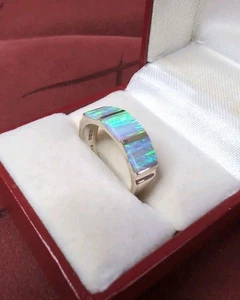 Beautiful Blue Opal Sterling Silver Inlay Ring Size 8 Mexico - Picture 1 of 8