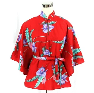 Vintage Ja Na Asian Tropical Floral Popover Blouse Kimono Tunic Top M 1970s - Picture 1 of 7