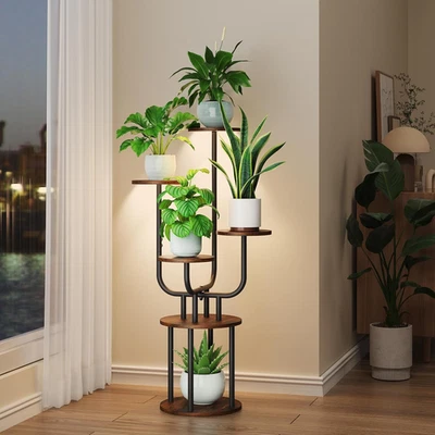 Soporte para plantas de interior con luz de crecimiento - Estante de exhibición de esquina de estante para plantas de 6 niveles de alto Foto 1 de 4