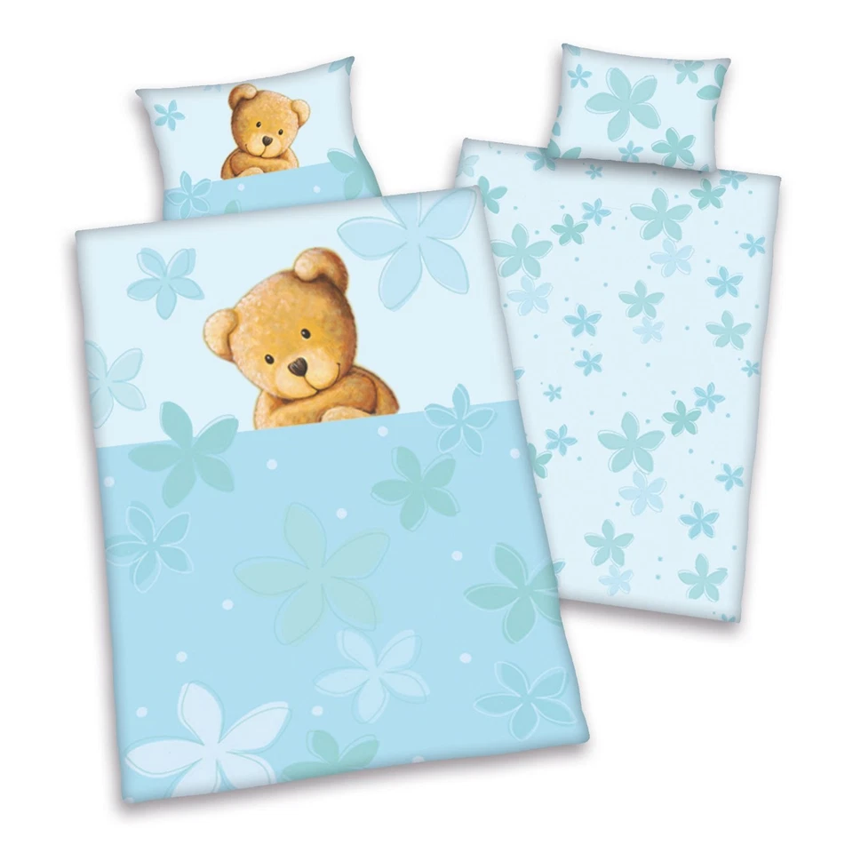 Herding Babybettwäsche Bettwäsche Bär Carola blau Linon 100/135 neu