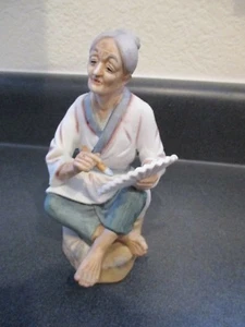 Asian Art Serv-Ware by Rubel Japan Old Woman Figurine Porcelain Painting Fan  - Picture 1 of 8