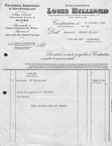 CONSTANTINE (ALGERIE) MACHINES AGRICOLES / LOUIS BILLIARD / FACTURE 1960 - Picture 1 of 1