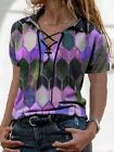 Plus Size 5XL Casual T-shirt Women's Plus Geometric Print Lace Up Polo Neck SS *