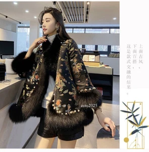 Chinese Style Women Faux Fur Collar Coat Embroidery Cotton Padded Cloak Overcoat - Picture 1 of 25