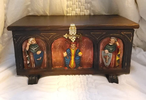 Primitive Spanish Antique Style  Chest Trunk Wood Hand Painted  Carved Cover