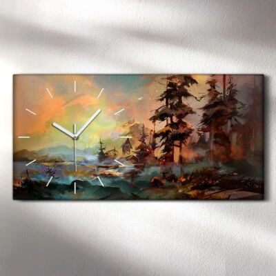 Dekor Leinwand Uhr Wandbilder Geräuschlos Kunstdruck 60x30 Bäume malen Dorf Berg - Bild 1 von 4
