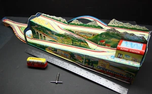Vintage 1953 Ohio Art Tin Lithograph "Alpine Station" WIND-UP TRACK TOY w/Bus - Picture 1 of 24