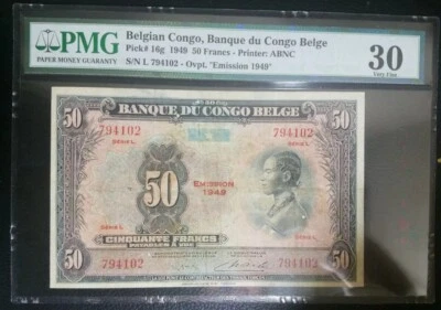 Superb Rare 1949 Belgian Congo 50 Francs "L" Series Banknote in PMG 30 - Image 1 of 2