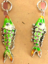 VTG Green Articulated Fish Earrings STERLING SILVER Leaverback Hooks Pierced 