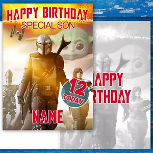 Mandalorian, Star Wars + Baby Yoda Birthday Card. Personalise Name,Age,Relative - Picture 1 of 2