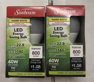 2 Pack Sunbeam LED Bulb Warm White A19 Medium Base E26 60W Equivalent 800 Lumens - Picture 1 of 6