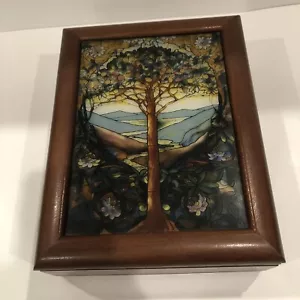 Tree of Life Louis C. Tiffany Wooden Stained Glass Box Hinged 8 3/4”X 6 1/2” - Picture 1 of 12