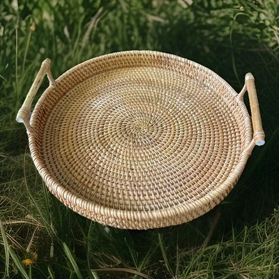 Circle Rattan Serving Tray With Handles Boho 11” - Image 1 of 4