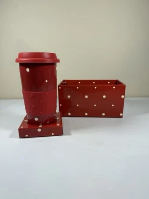 Temp-Tations by Tara 16oz Travel Car Mug Tumbler Coffee Red & White Polka Dots! - Image 1 of 4