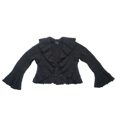 Y2k Bebe Cropped Ruffle Flared Textured Knit Cardigan Sz M Black Whimsigoth Vamp - Image 1 of 4