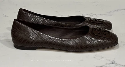 Tory Burch Ballet Flats 10.5 Georgia Square Toe Snakeskin Embossed Leather Brown - Image 1 of 4