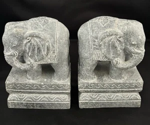 Heavy Elephant Bookends Vintage Stone Pair – Hand Carved Gray Figurines - Picture 1 of 20
