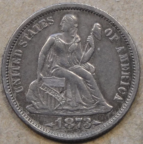 1873 Arrows Seated Liberty Dime 10c AU Small Strike Through above T in Liberty Cover