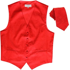New Polyester Men's Tuxedo Vest Waistcoat & tie Paisley Red wedding formal - Picture 1 of 4