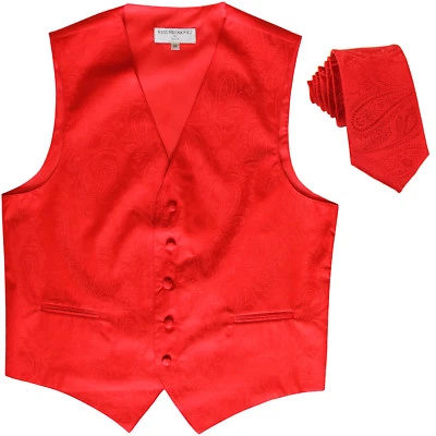 New Polyester Men's Tuxedo Vest Waistcoat & tie Paisley Red wedding formal - Image 1 of 4