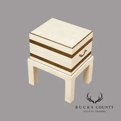 Maitland Smith piedra fósil teselada y cofre de latón sobre soporte Foto 1 de 4