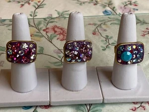 Purple "Ceralun" Clay with Set Glass Crystals Size M-Q Gold Plated Bezel Rings - Picture 1 of 6