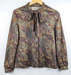 Vintage 70s Women Multicolour Paisley Print Pussy Bow Blouse Size 10 - Picture 1 of 6