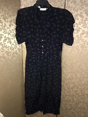 Vestido Camisa Ann Tjian Kenar 2 Vintage Negro Azul Estampado Motivo Pájaro Talla 8 Foto 1 de 4